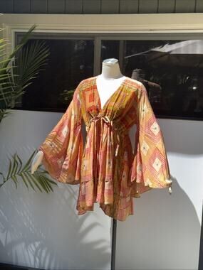 Gypsy Jenny 100% Silk Boho Embroidered Dress Bell Sleeve Geometric Festival OSFM